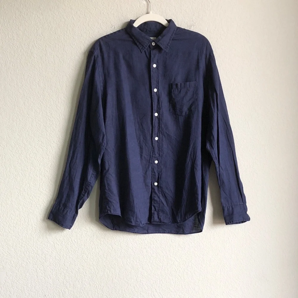 J Crew Mens 100% Linen Shirt Button Front Long Sleeve Navy Blue Large